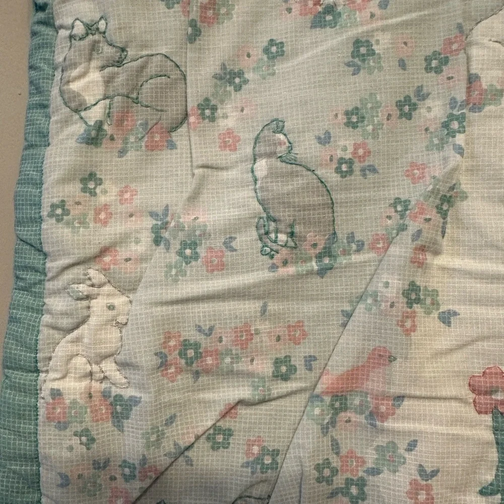 Vintage Handmade Floral ABCs & Animals Patterned Baby Blanket -see description